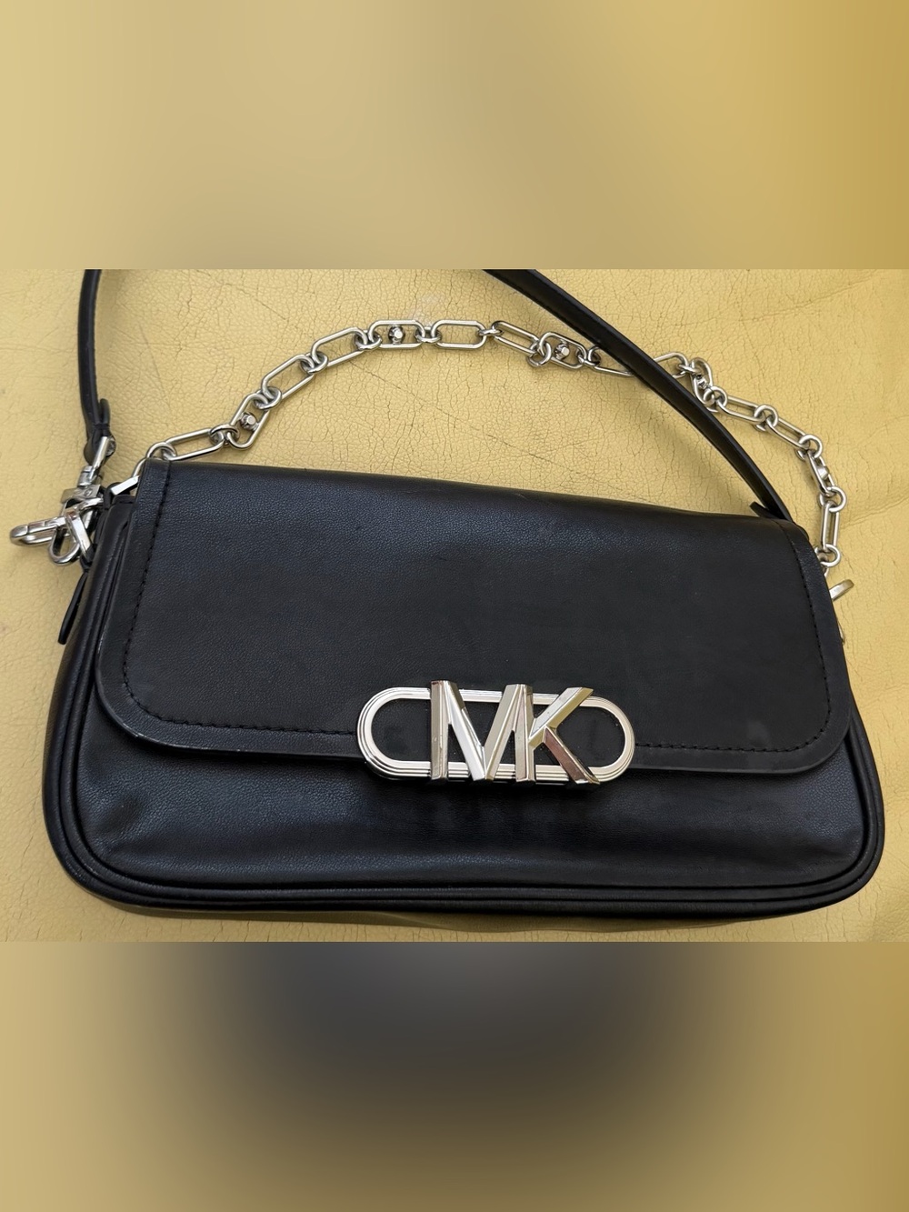 Michael Kors Black Leather Shoulder Bag with Silver MK Logo and Chain Strap
